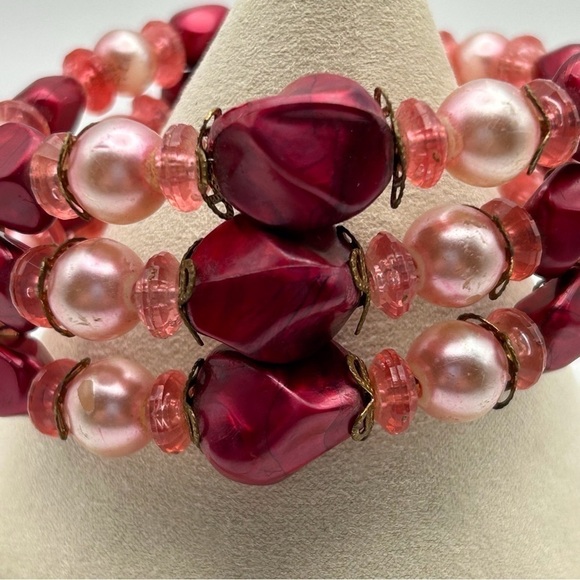 Vintage Light Pink Dusty Rose Faux Pearl Layered Beaded Cuff Wire Bracelet - Picture 2 of 9